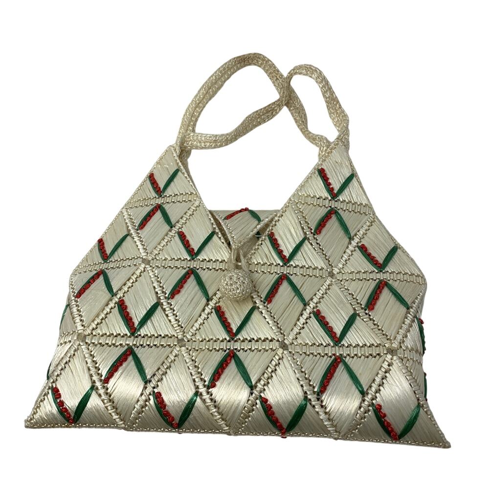 Vintage Woven Raffia Shoulder Bag Red Green Embroidered Folk Art Handbag